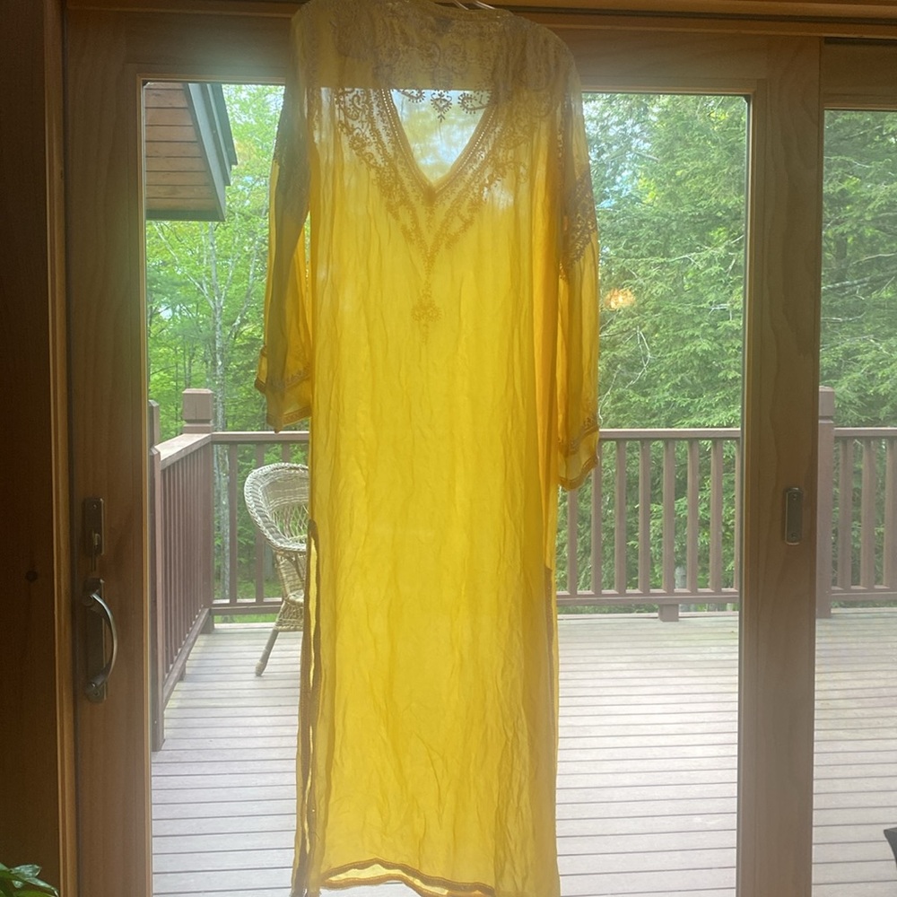 Yellow Sheer Silk and Beaded Long Maxi Dress Kaftan🌺